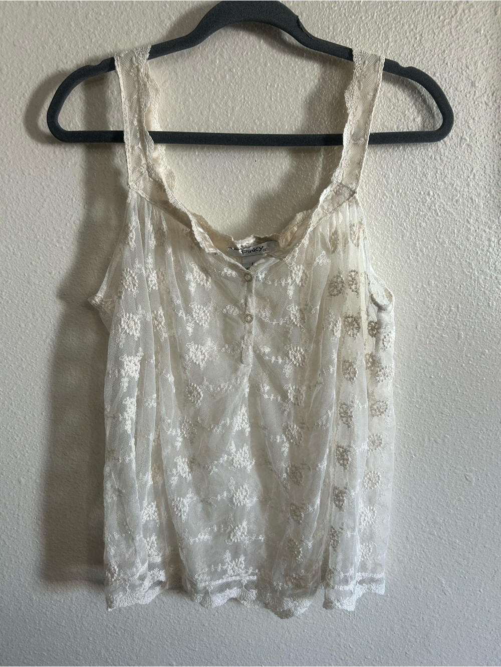 Vintage Y2K Pinky Sheer Lace Henley Cami Tank Top Women’s Size L